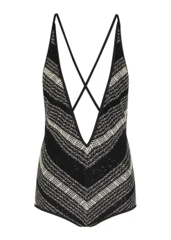 Striped open-back mesh swimsuit