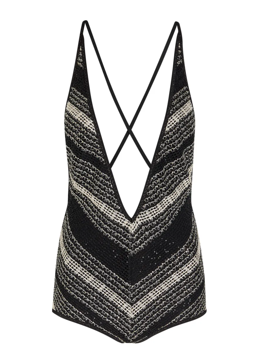 Striped open-back mesh swimsuit