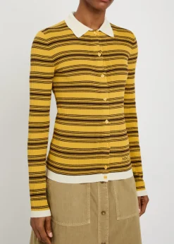 Striped ribbed cotton-knit polo top