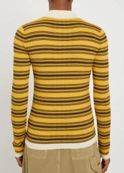 Striped ribbed cotton-knit polo top