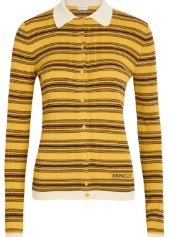 Striped ribbed cotton-knit polo top