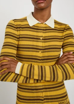 Striped ribbed cotton-knit polo top