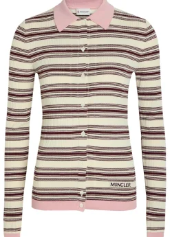 Striped ribbed cotton-knit polo top