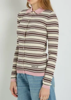 Striped ribbed cotton-knit polo top