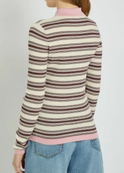 Striped ribbed cotton-knit polo top
