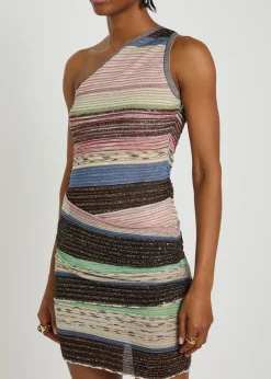 Striped ruched metallic-knit mini dress