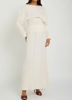 Striped-weave fine-knit midi skirt