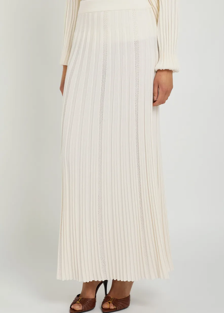 Striped-weave fine-knit midi skirt