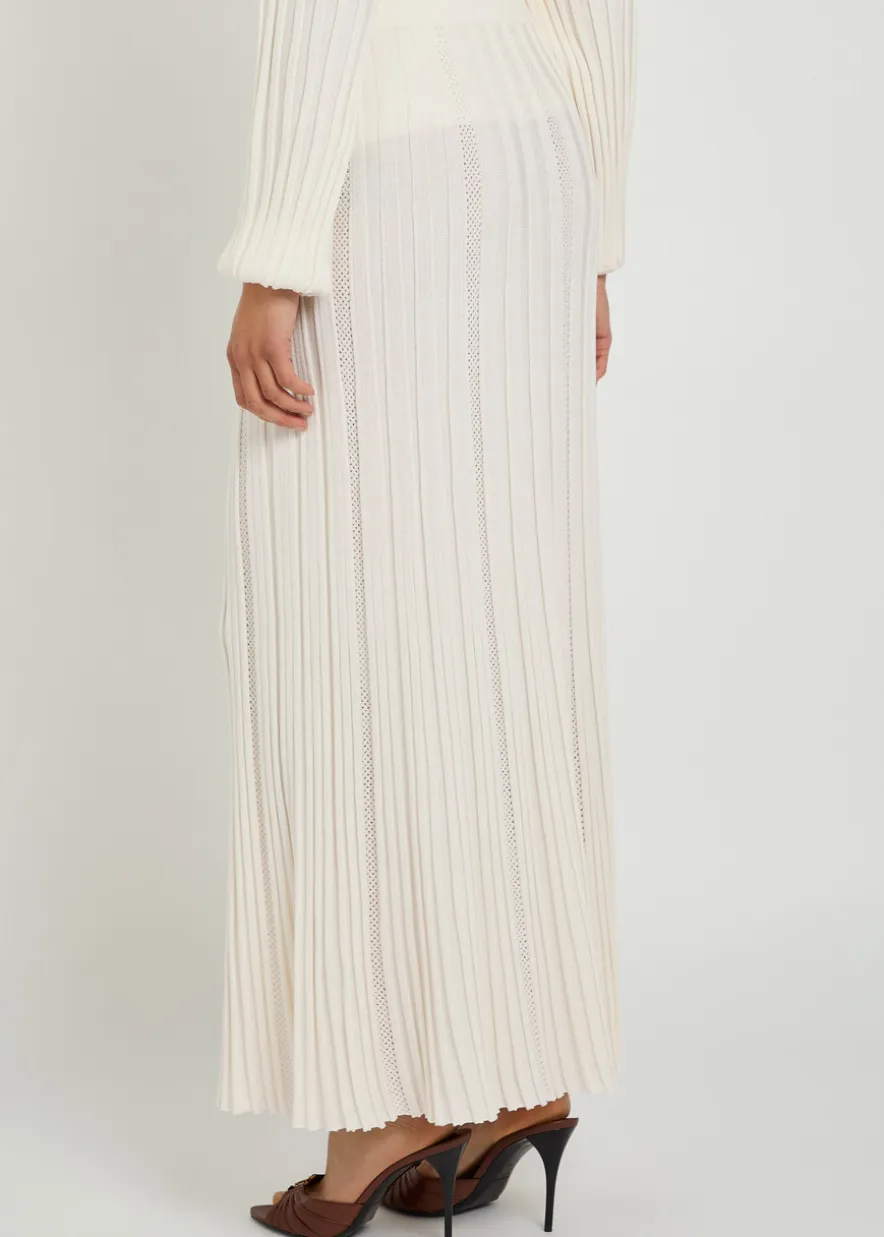 Striped-weave fine-knit midi skirt