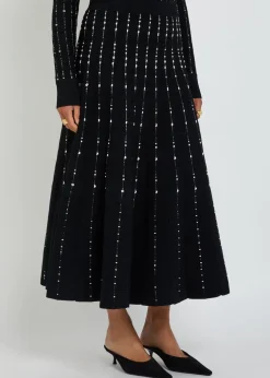 Stripe-embroidered knit maxi skirt