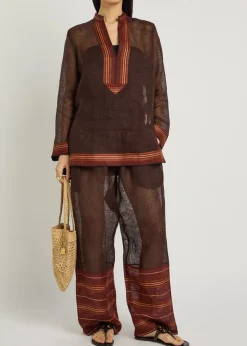 Stripe-trimmed semi-sheer linen trousers