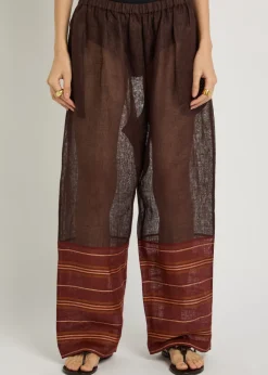 Stripe-trimmed semi-sheer linen trousers