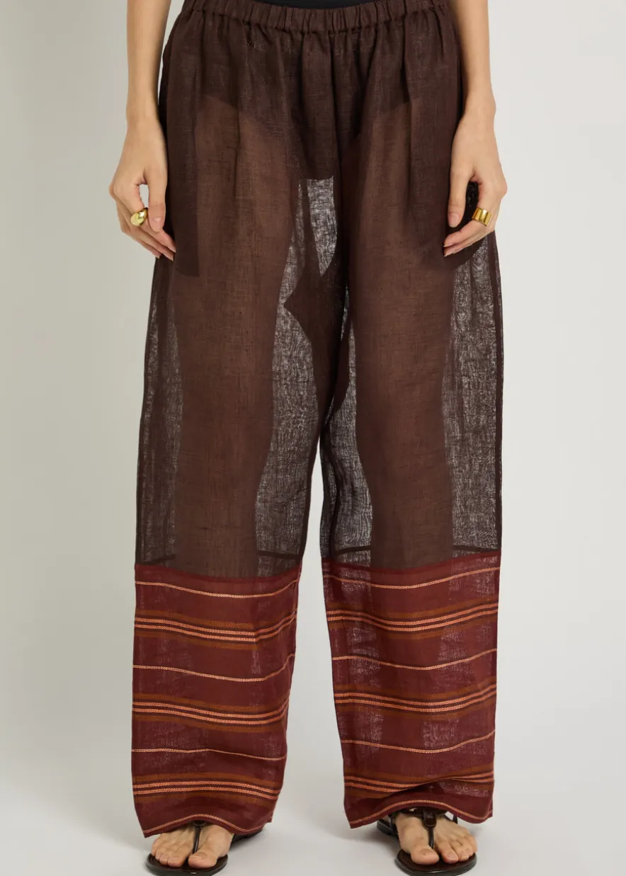 Stripe-trimmed semi-sheer linen trousers