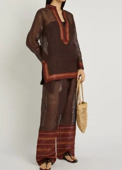 Stripe-trimmed semi-sheer linen tunic