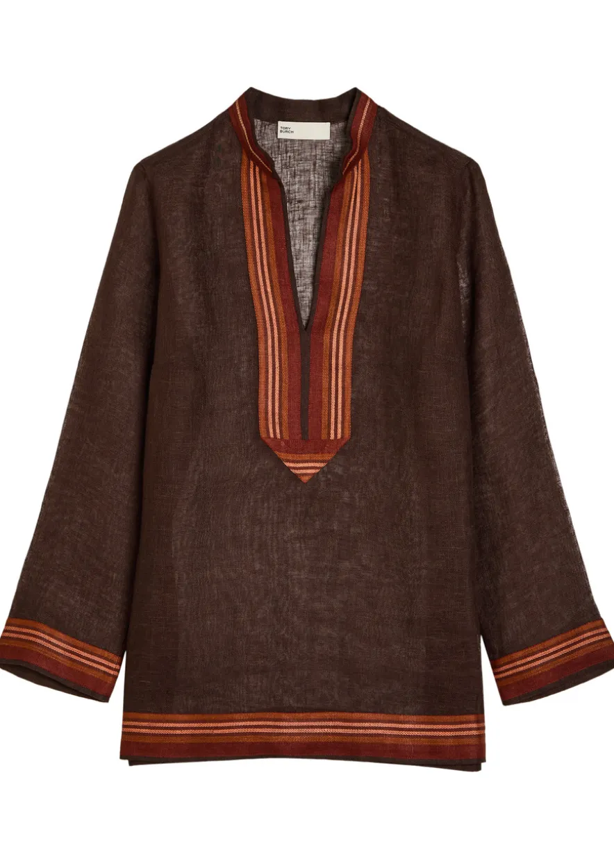 Stripe-trimmed semi-sheer linen tunic