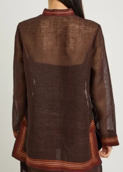 Stripe-trimmed semi-sheer linen tunic