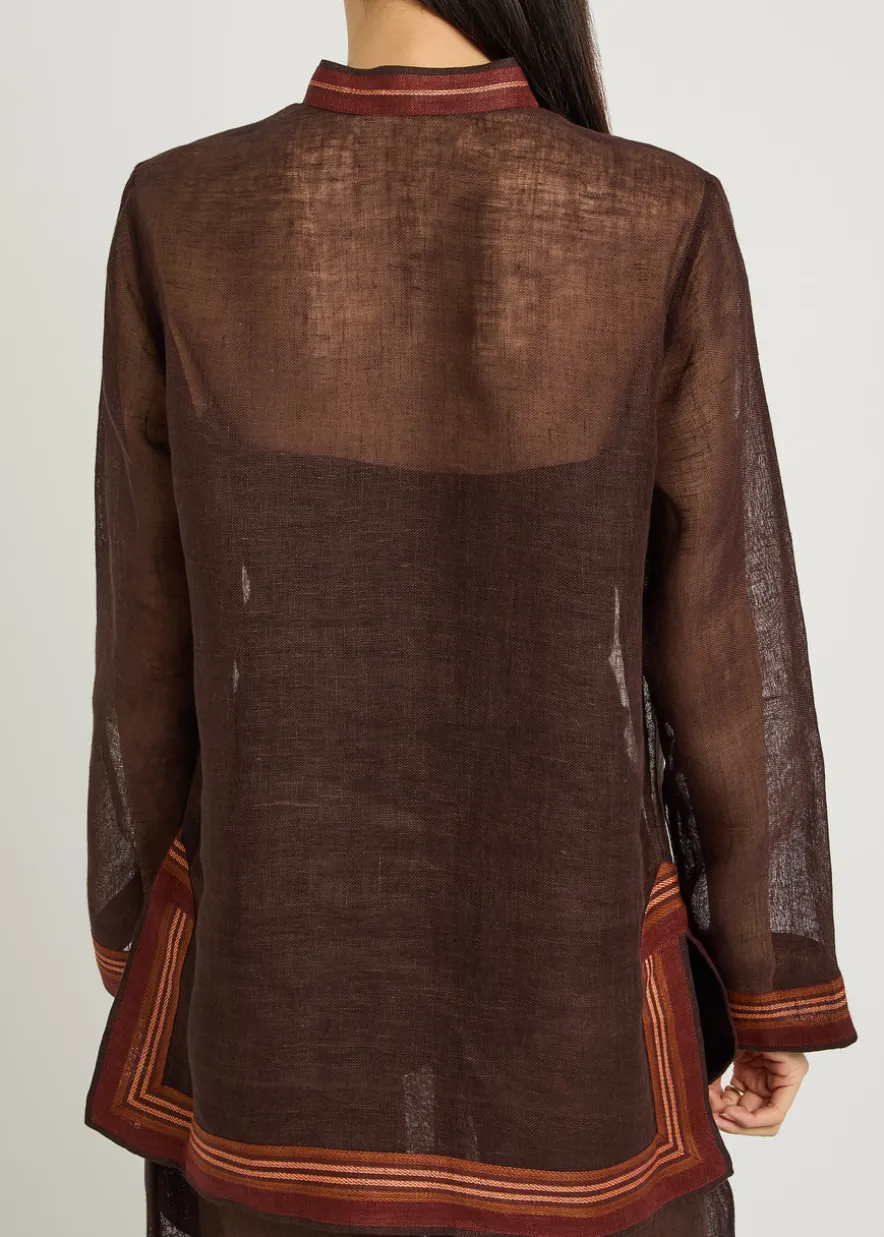 Stripe-trimmed semi-sheer linen tunic