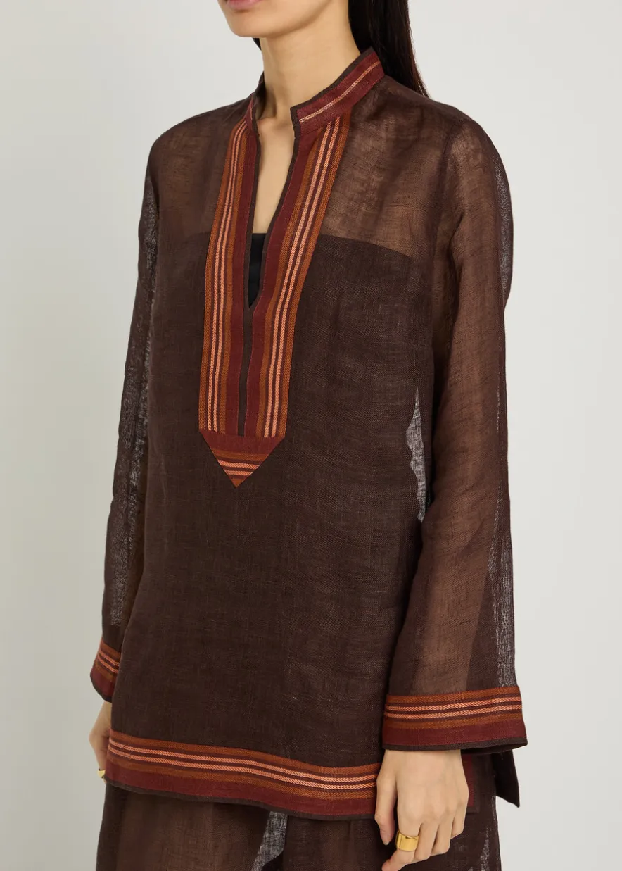 Stripe-trimmed semi-sheer linen tunic