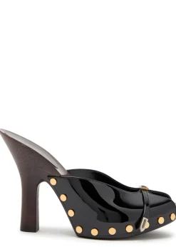 105 stud-embellished wooden and patent leather mules