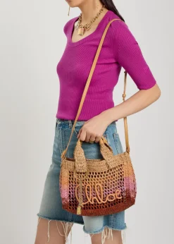 Summer Banana logo leather and raffia tote
