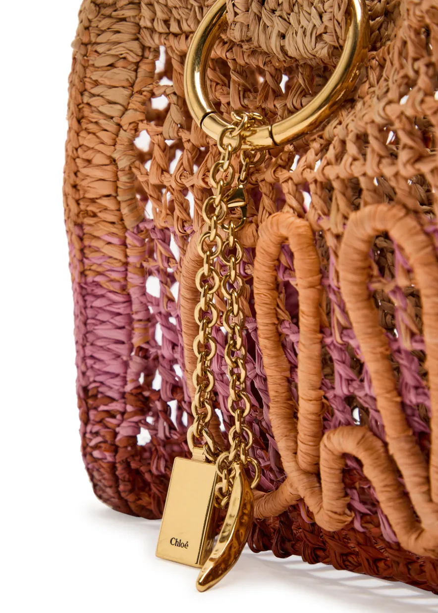 Summer Banana logo leather and raffia tote