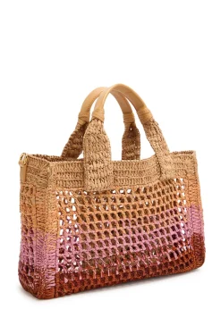 Summer Banana logo leather and raffia tote