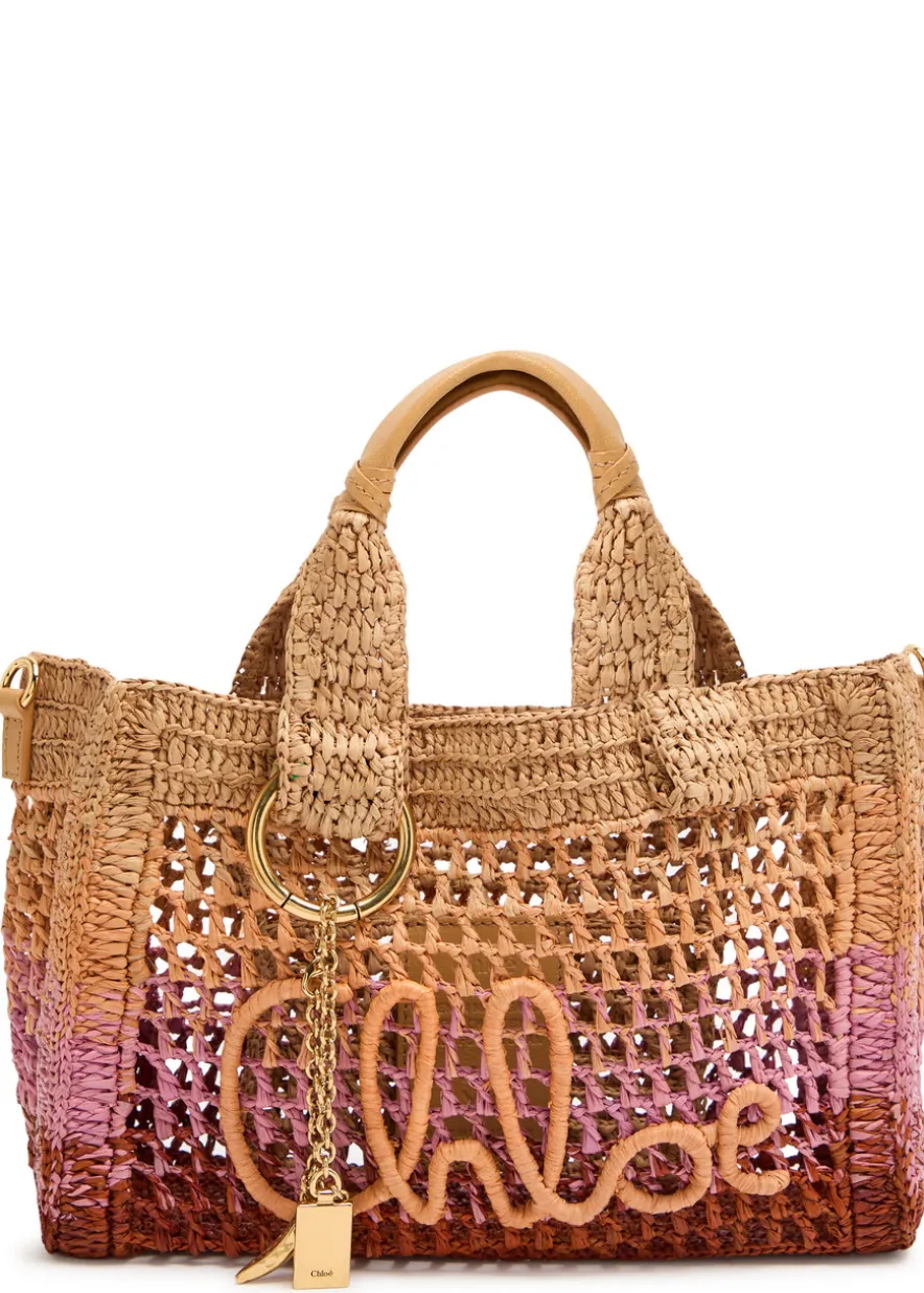 Summer Banana logo leather and raffia tote