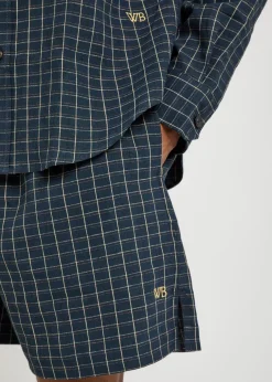 Sunday logo checked stretch-linen shorts