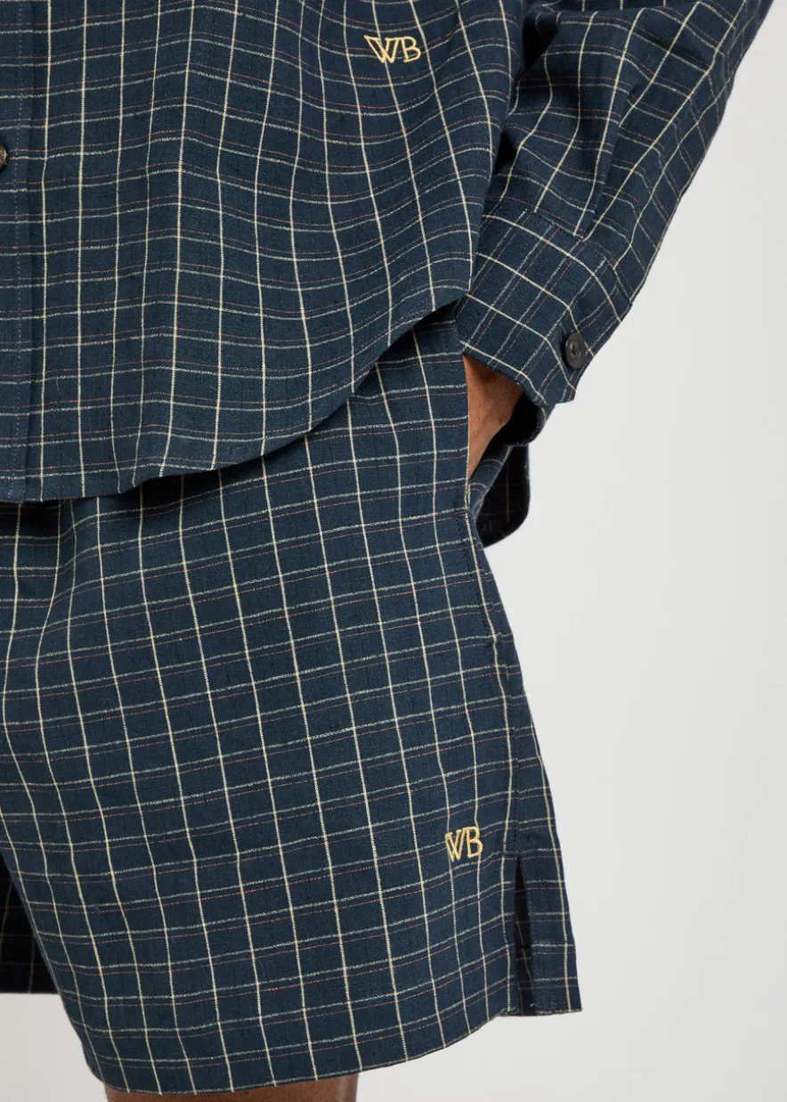 Sunday logo checked stretch-linen shorts