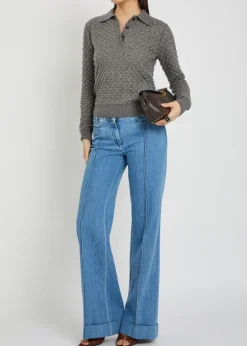 Textured-knit cashmere polo top