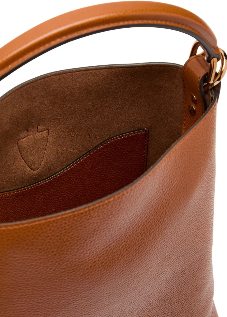 T-plaque grained leather top handle bag