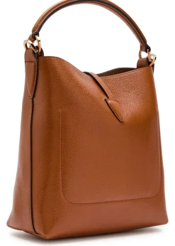 T-plaque grained leather top handle bag
