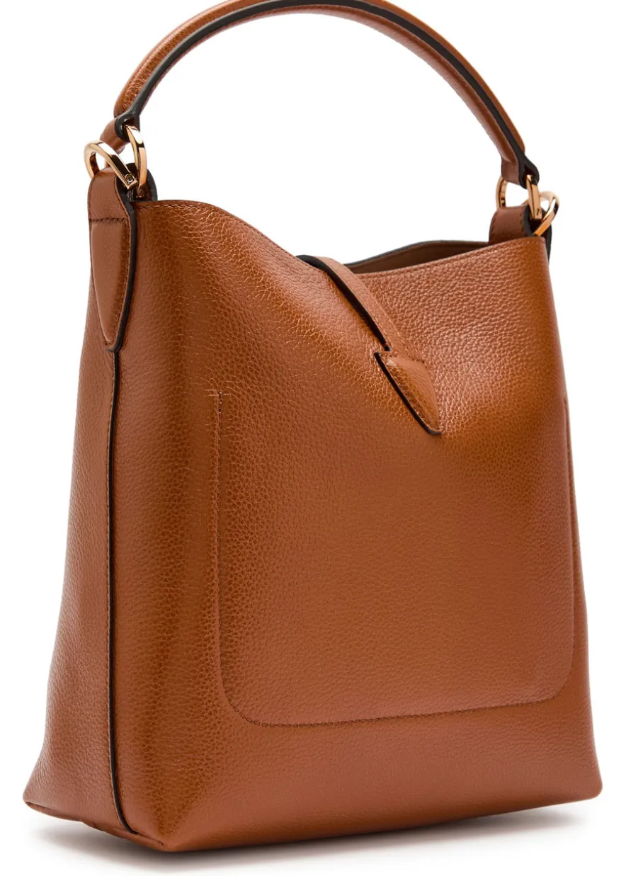 T-plaque grained leather top handle bag
