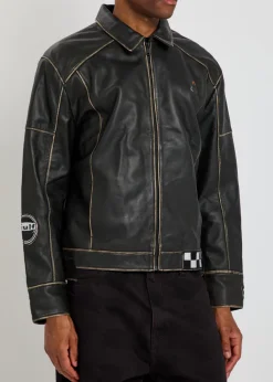 Track embroidered leather biker jacket