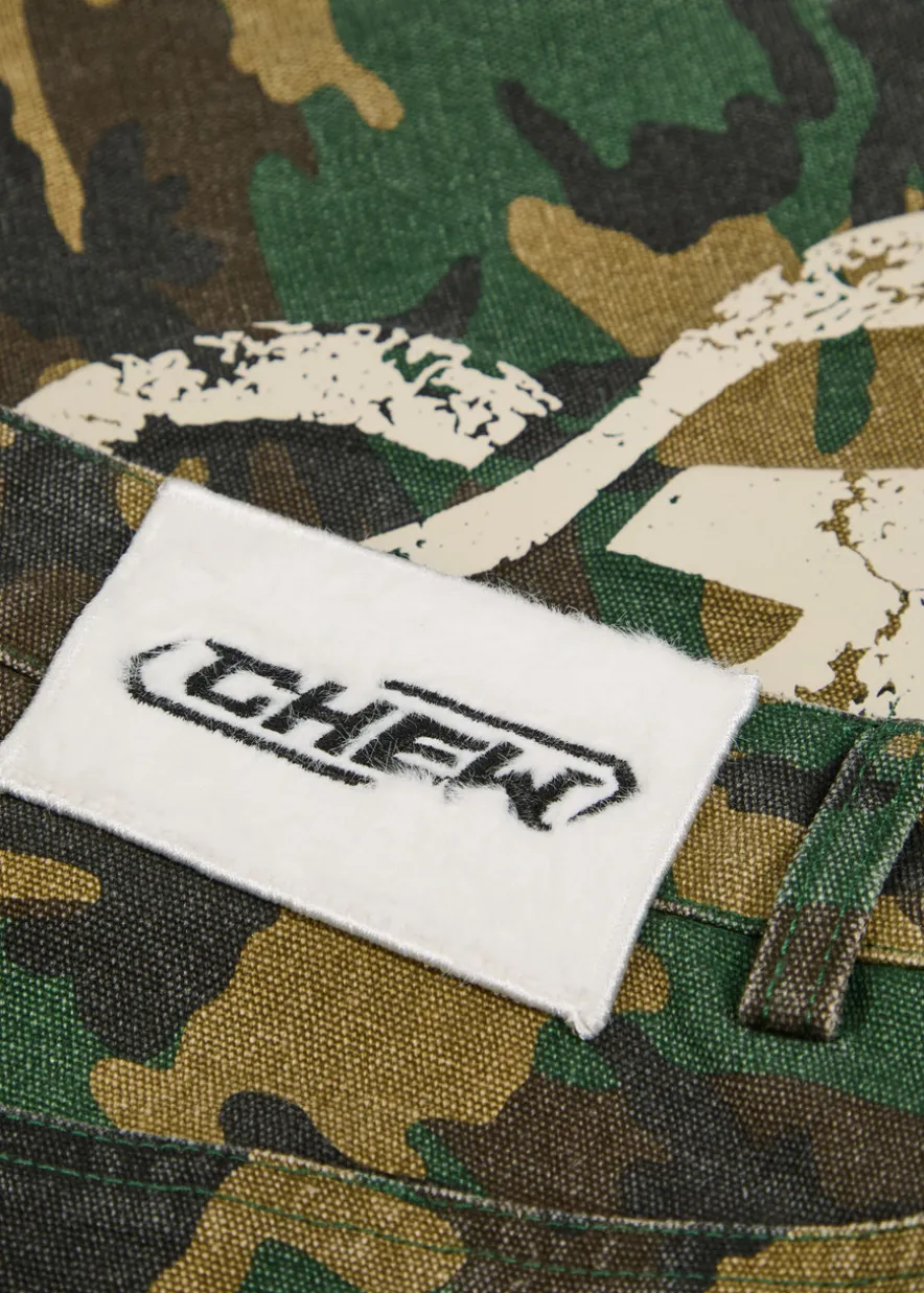 Tribal camo-printed denim shorts