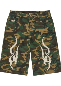 Tribal camo-printed denim shorts