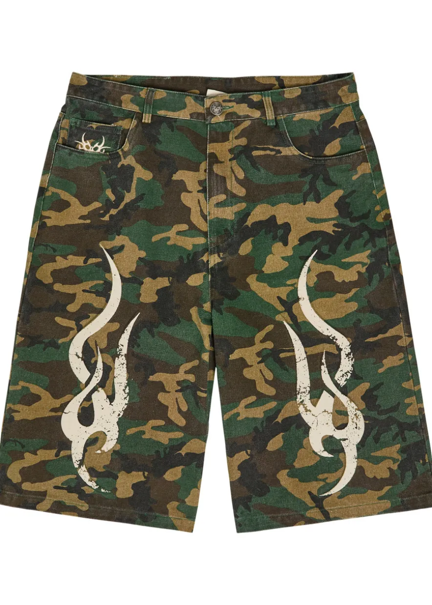 Tribal camo-printed denim shorts