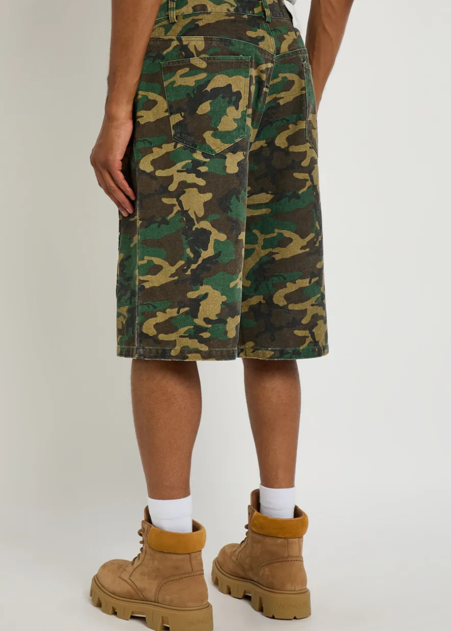 Tribal camo-printed denim shorts