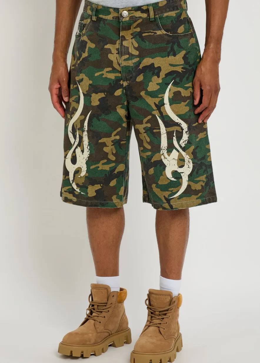 Tribal camo-printed denim shorts
