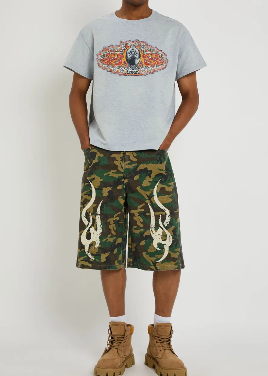 Tribal camo-printed denim shorts