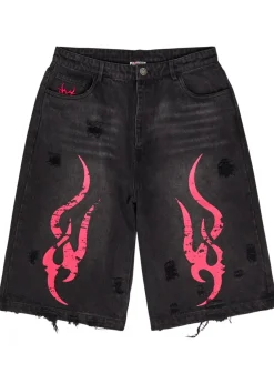 Tribal-printed denim shorts