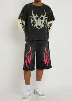 Tribal-printed denim shorts