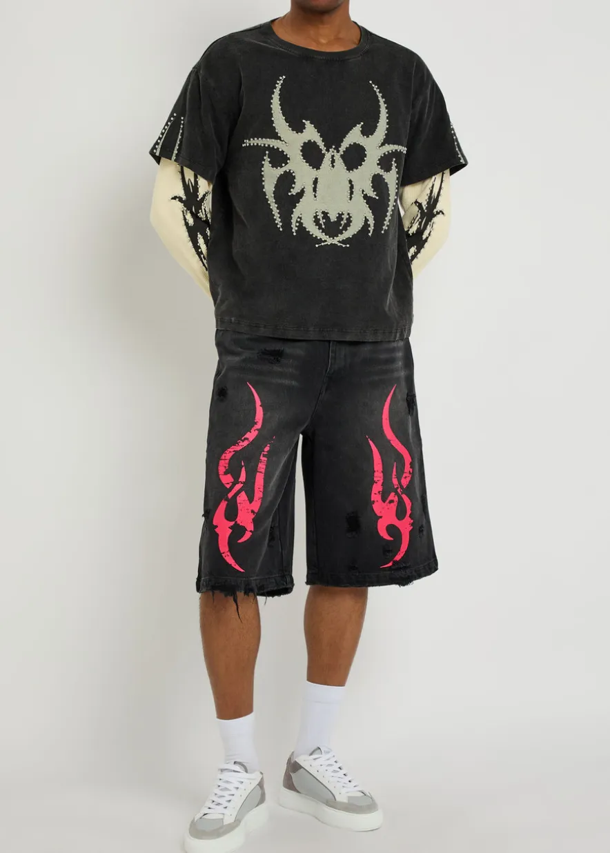 Tribal-printed denim shorts