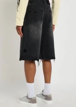 Tribal-printed denim shorts