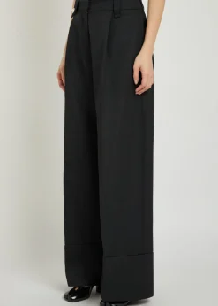 Turn-up wide-leg gabardine trousers