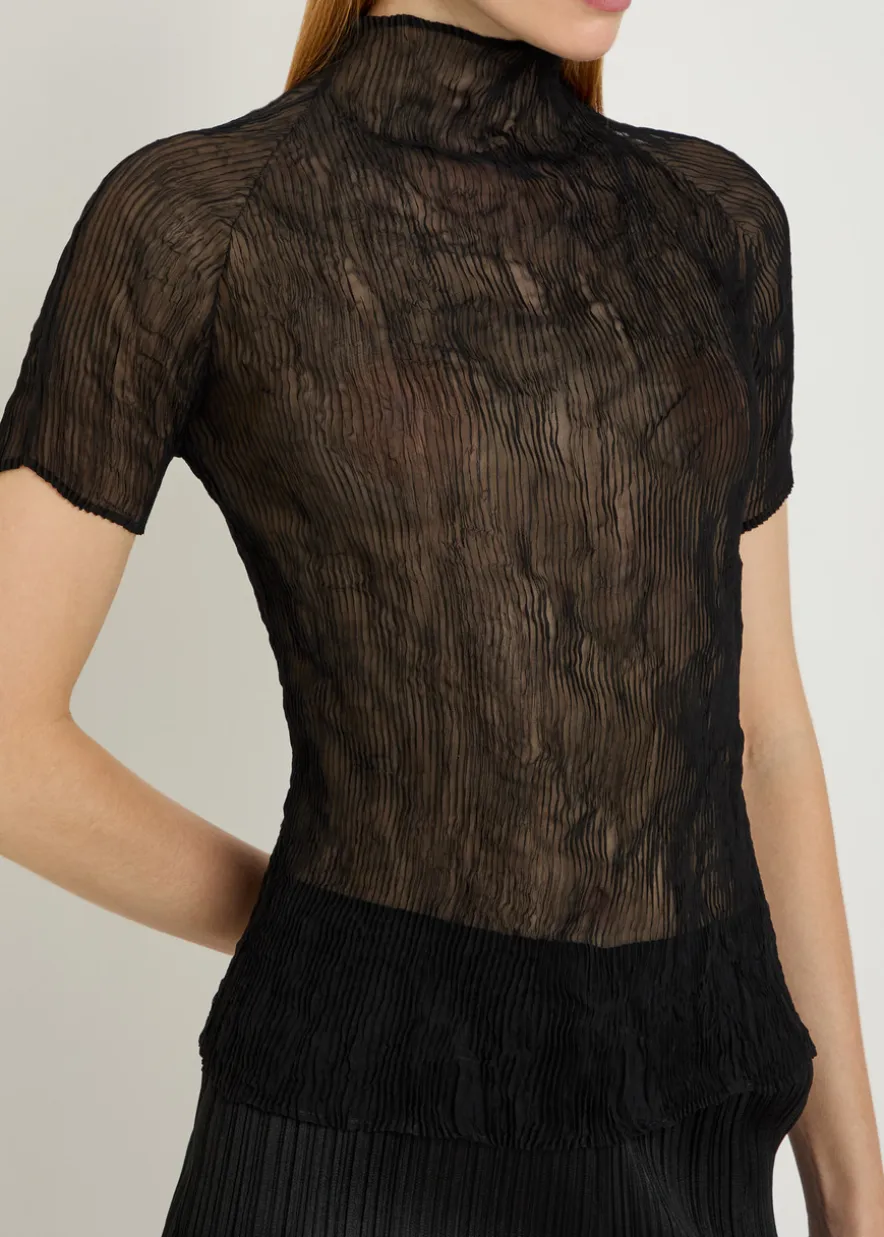 Twist pleated semi-sheer chiffon top