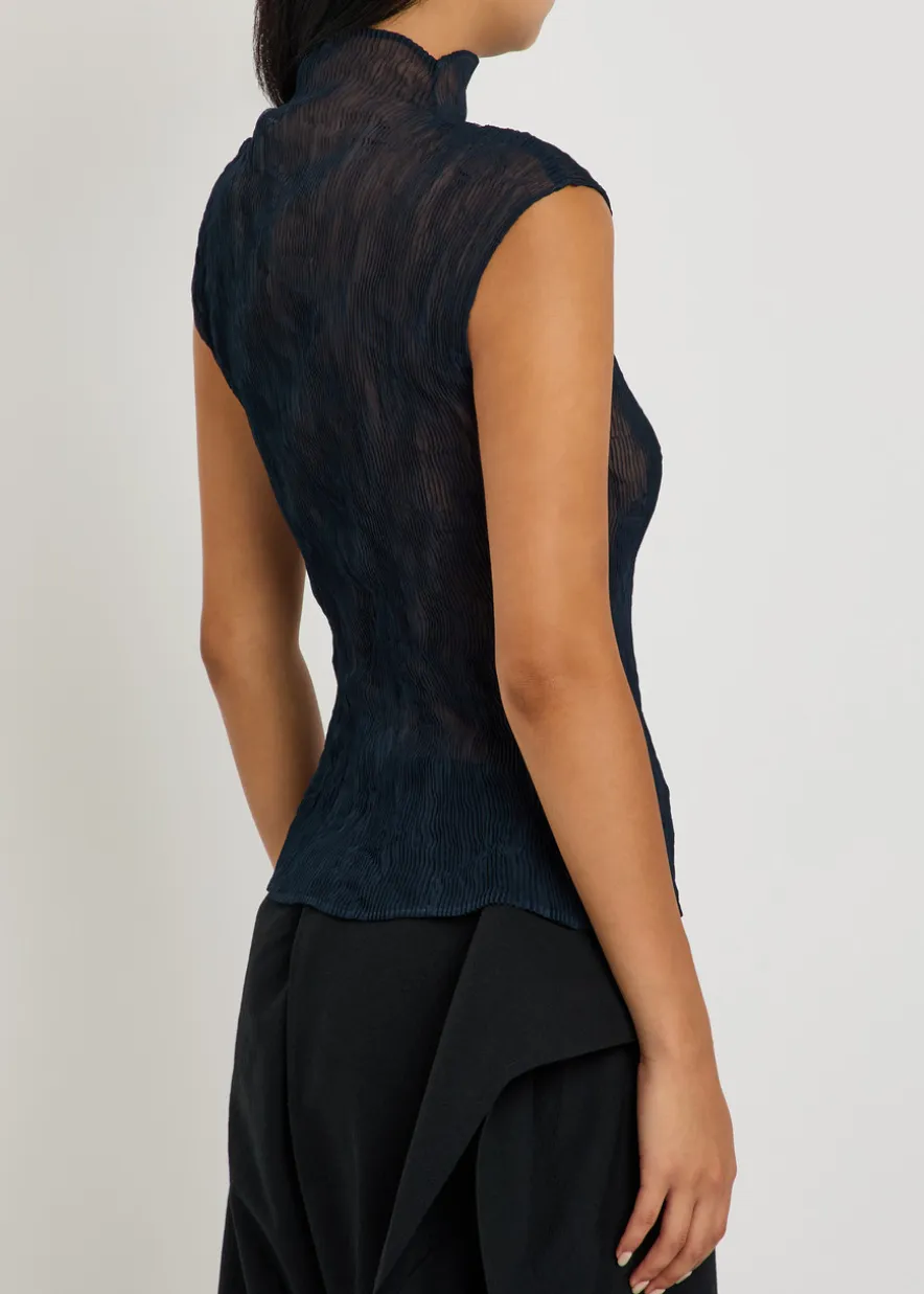 Twist pleated semi-sheer chiffon top