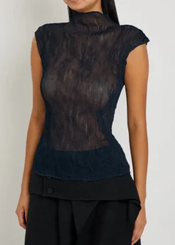 Twist pleated semi-sheer chiffon top