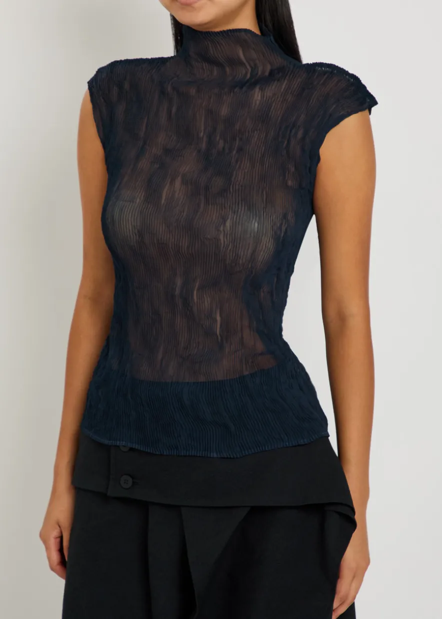 Twist pleated semi-sheer chiffon top