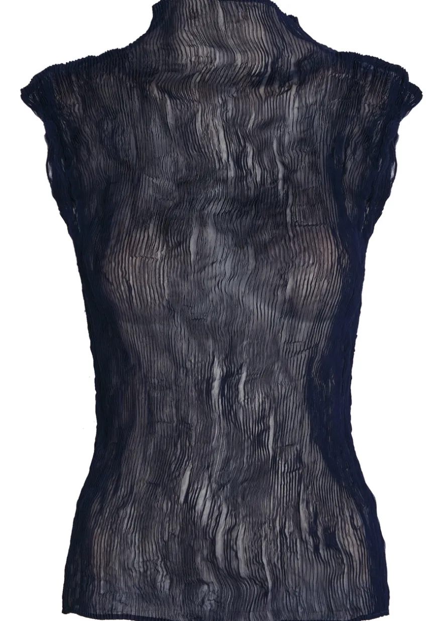 Twist pleated semi-sheer chiffon top